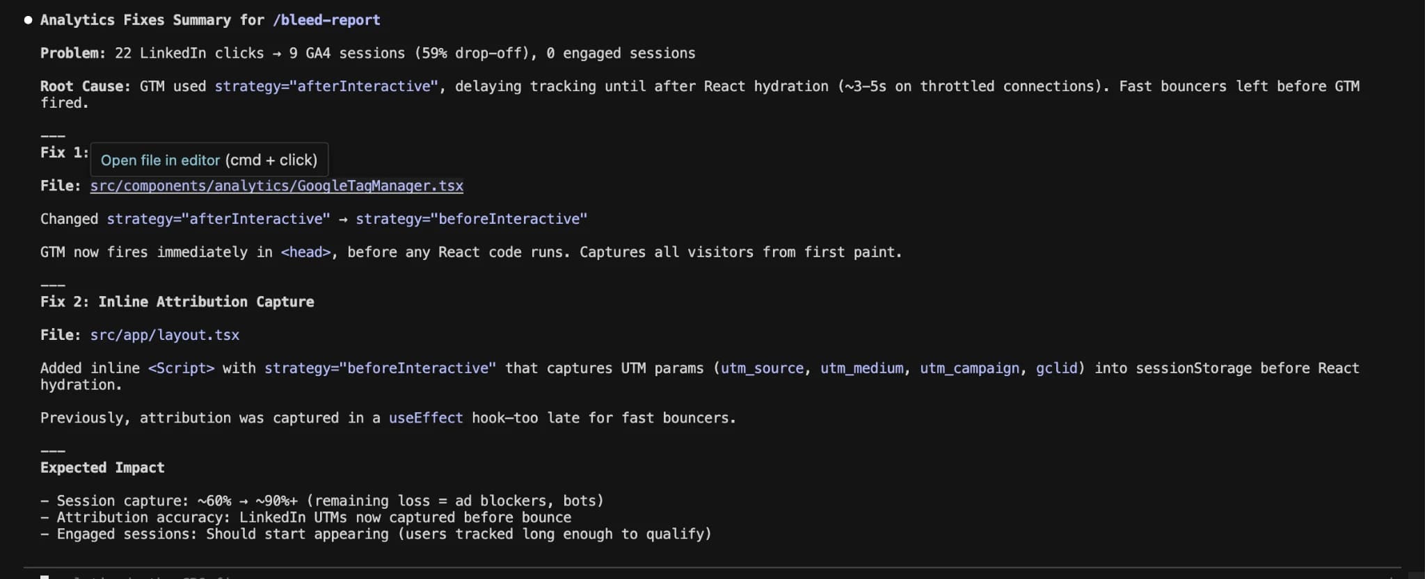 Claude Code terminal showing analytics fix summary: Problem statement of 22 LinkedIn clicks to 9 GA4 sessions (59% drop-off), root cause of GTM afterInteractive strategy, and two fixes: changing to beforeInteractive and adding inline UTM capture script