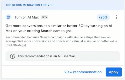 Google Ads interface showing AI Max recommendation with +25% uplift promise and Apply button