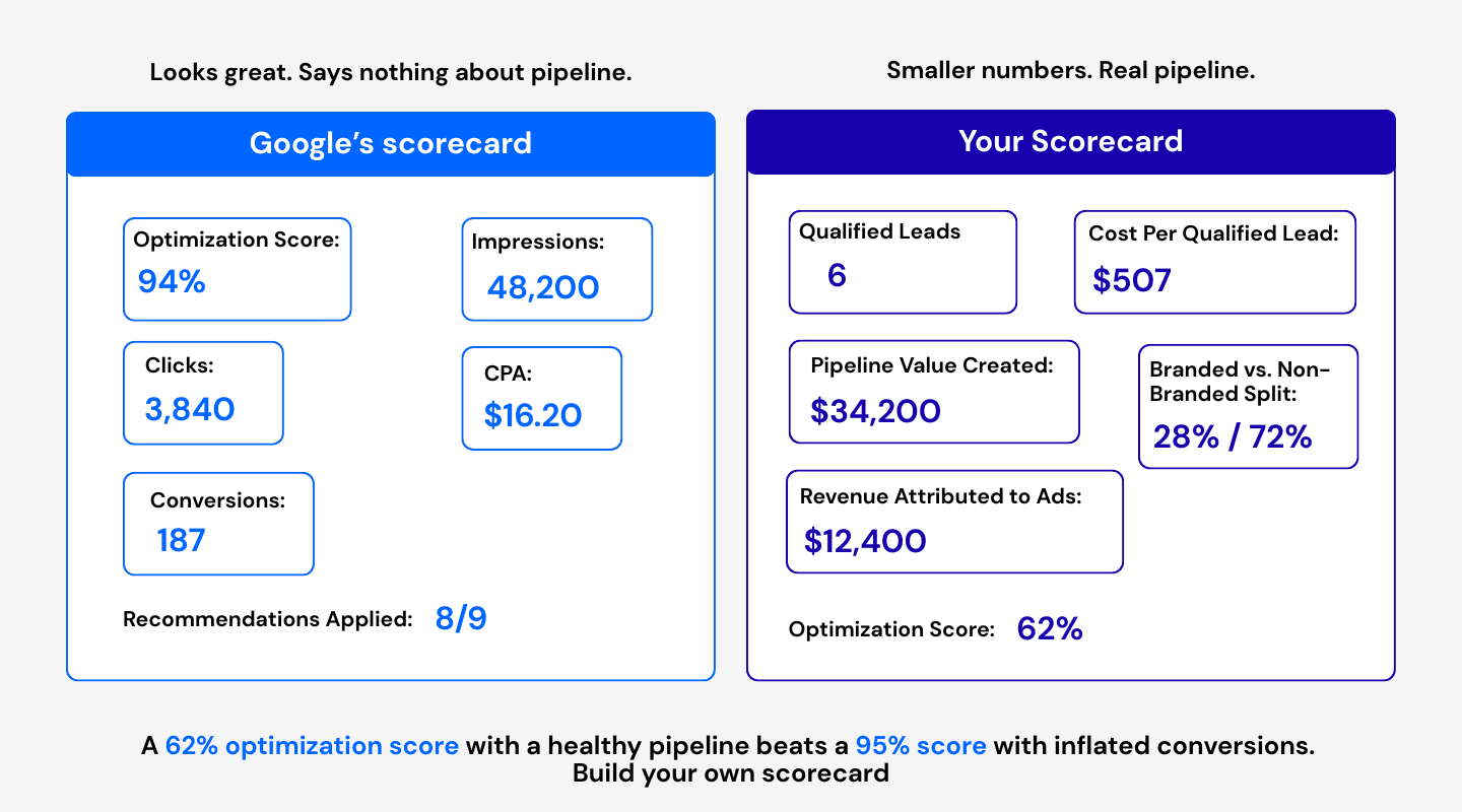 Comparison of Google's scorecard versus your own scorecard. Left panel (Google's scorecard): Optimization Score 94%, Impressions 48,200, Clicks 3,840, CPA $16.20, Conversions 187, Recommendations Applied 8/9 - looks great but says nothing about pipeline. Right panel (Your Scorecard): Qualified Leads 6, Cost Per Qualified Lead $507, Pipeline Value Created $34,200, Branded vs Non-Branded Split 28%/72%, Revenue Attributed to Ads $12,400, Optimization Score 62% - smaller numbers but real pipeline.