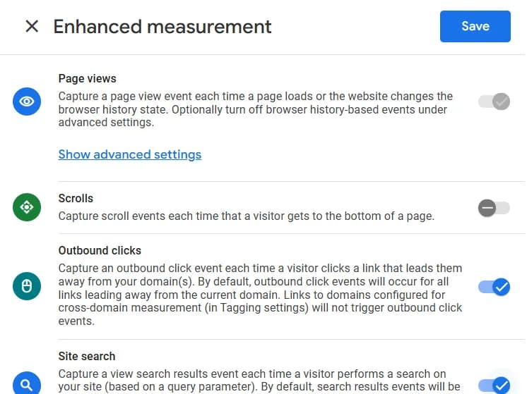 GA4 Enhanced Measurement panel with the Scrolls toggle turned off so the built-in scroll event no longer fires.