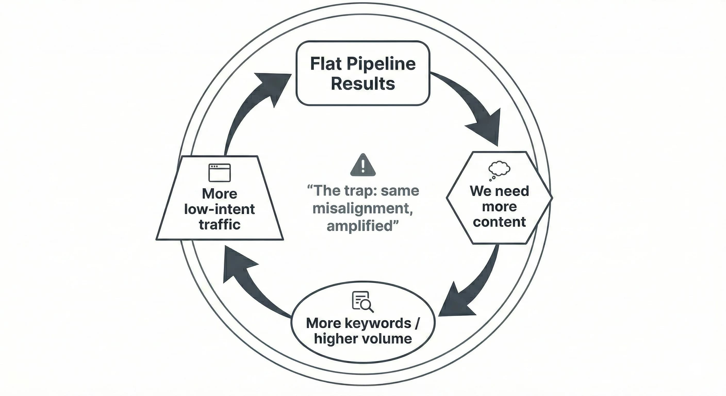Circular diagram showing the content trap cycle: flat pipeline results lead to 'we need more content' which leads to more keywords and higher volume which attracts more low-intent traffic which returns to flat pipeline results, with warning label 'The trap: same misalignment, amplified'