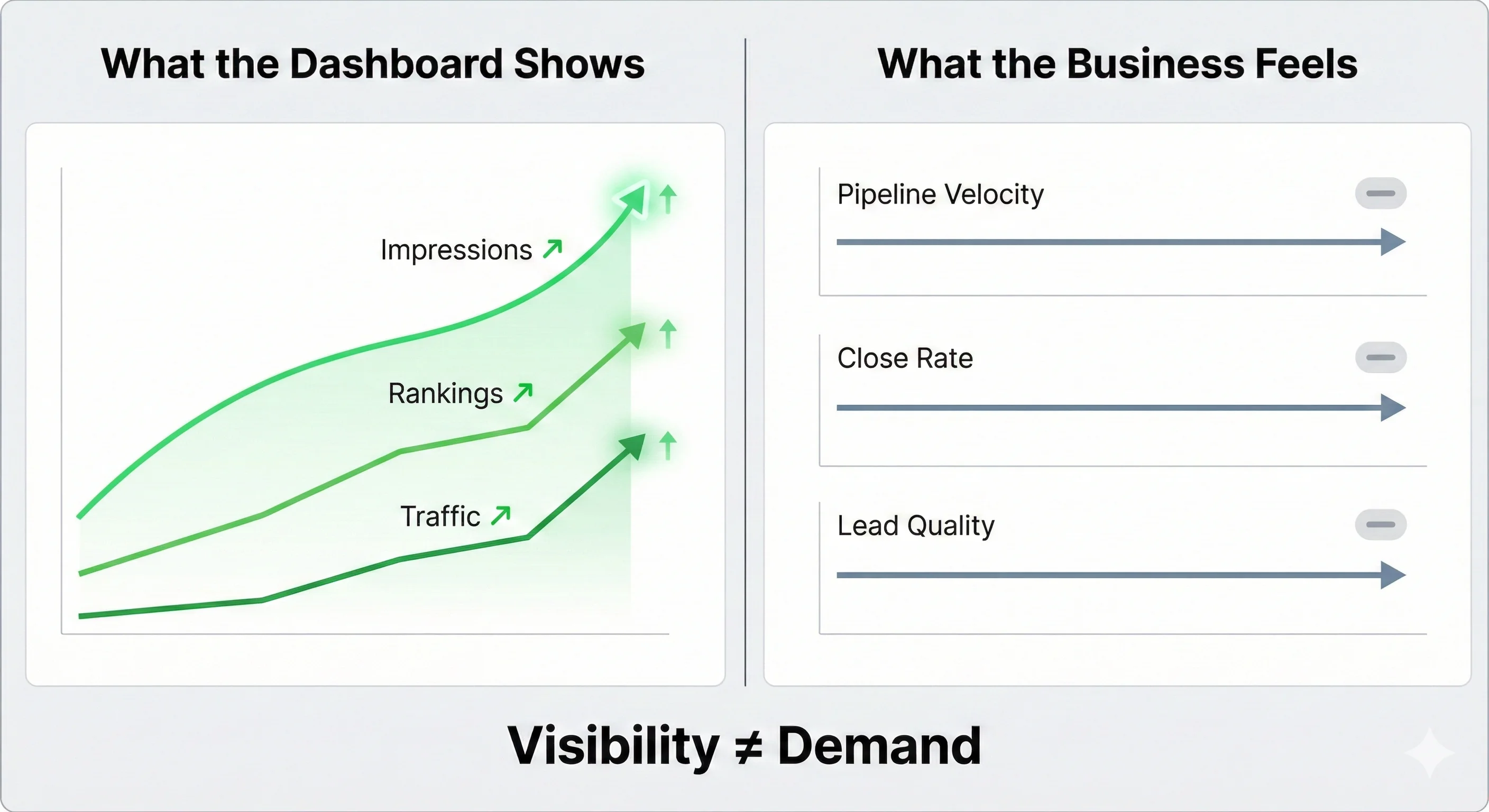 Split comparison showing what the dashboard shows (impressions, rankings, and traffic all trending upward) versus what the business feels (pipeline velocity, close rate, and lead quality all flat), illustrating that visibility does not equal demand