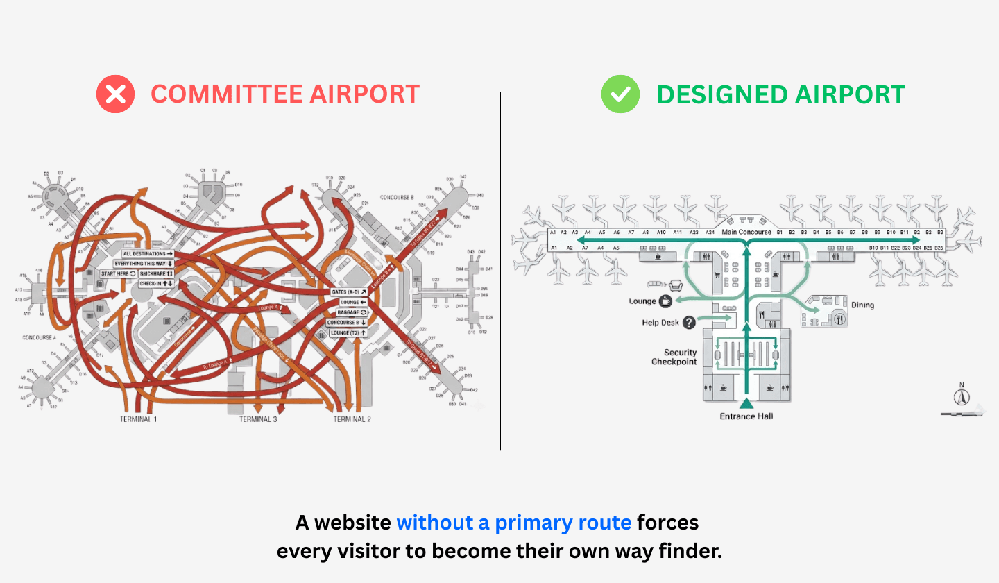 Side-by-side comparison of a 'Committee Airport' with chaotic overlapping paths and confusing signage versus a 'Designed Airport' with clear primary routes, logical flow from entrance to security to gates