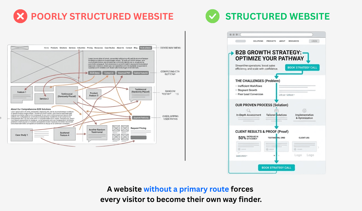 Side-by-side comparison of a poorly structured B2B website with dense navigation, competing CTAs, random testimonials, and overlapping user paths versus a structured website with clear hierarchy flowing from problem to solution to proof to CTA