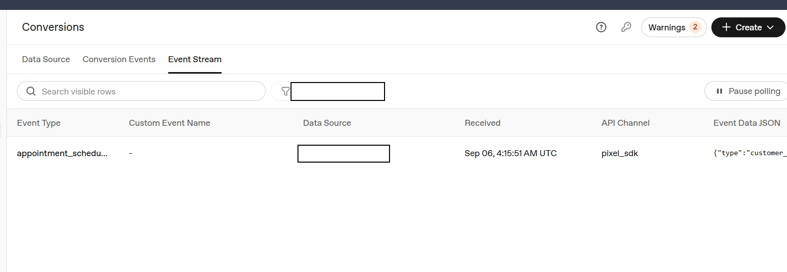 The Event Stream tab in ChatGPT Ads Manager showing a single appointment_scheduled row received via the pixel_sdk API channel with a UTC timestamp, and the data source name redacted in both the filter chip and the table.