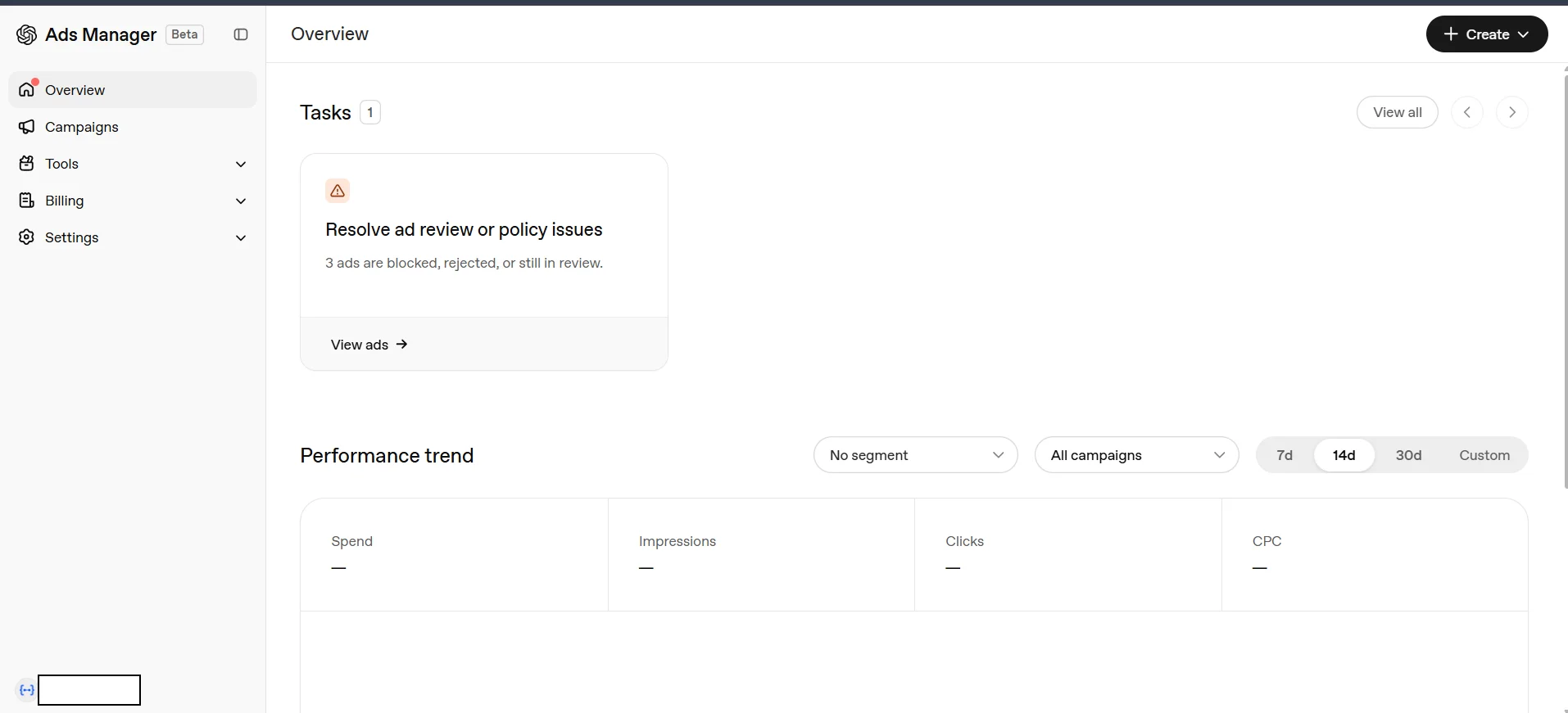 The ChatGPT Ads Manager Overview screen, with a left navigation sidebar listing Overview, Campaigns, Tools, Billing and Settings, a task card flagging three ads blocked or in review, and an empty Performance trend panel below it.