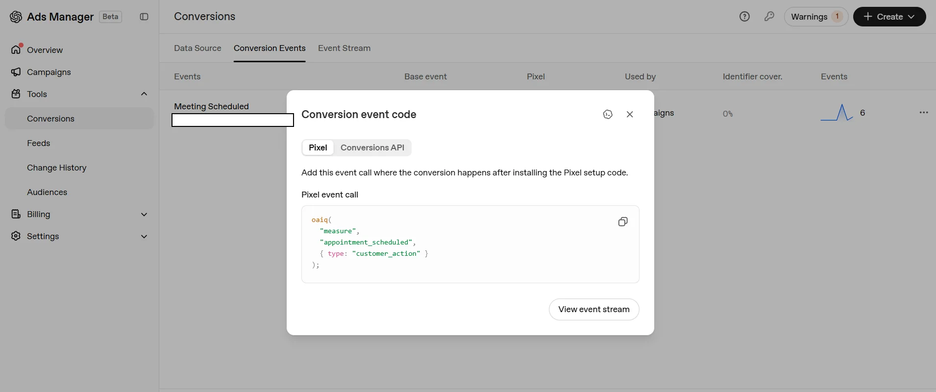 The Conversion event code dialog in ChatGPT Ads Manager with the Pixel tab selected, showing the oaiq measure call for appointment_scheduled with type customer_action, alongside a Conversions API tab and a View event stream button.