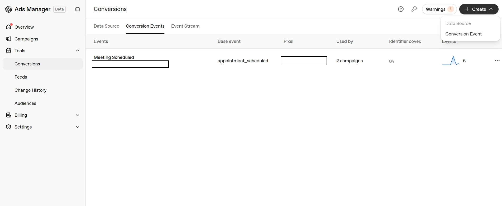 The Conversion Events tab in ChatGPT Ads Manager listing one event, Meeting Scheduled, with base event appointment_scheduled and a redacted pixel name, while the Create dropdown is open showing Data Source and Conversion Event options.