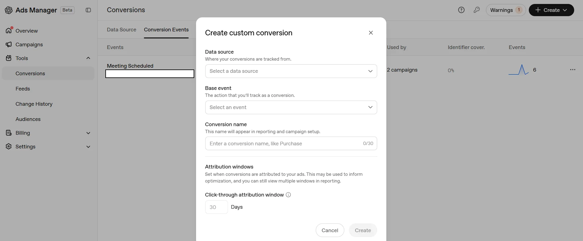 The Create custom conversion dialog in ChatGPT Ads Manager, with empty Data source and Base event dropdowns, a Conversion name field limited to 30 characters, and an attribution windows section set to a 30-day click-through window.