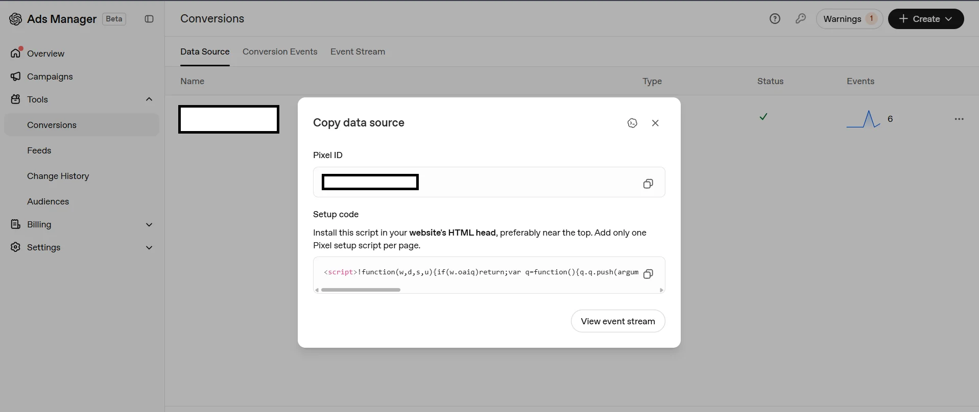 A Copy data source dialog in ChatGPT Ads Manager showing a redacted Pixel ID field with a copy button, and below it the pixel setup code with a note to install the script in the website's HTML head, one setup script per page.