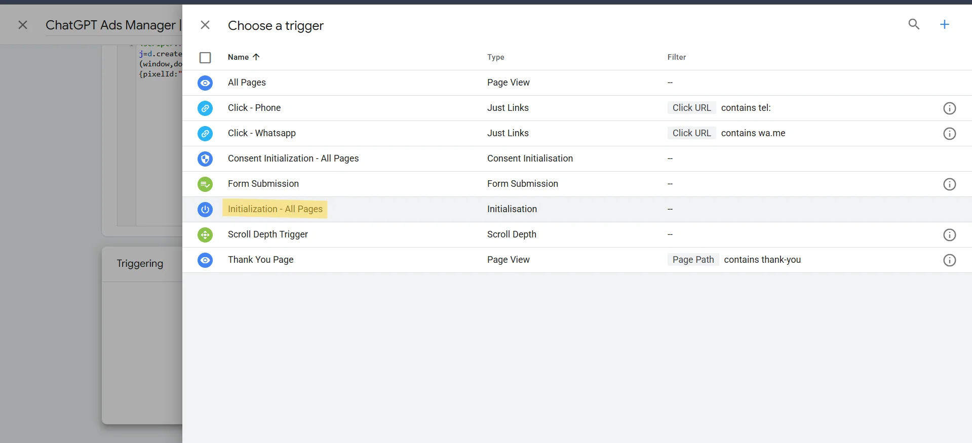 The Choose a trigger panel in Google Tag Manager listing eight triggers including All Pages, Consent Initialization - All Pages, Form Submission and Thank You Page, with Initialization - All Pages highlighted in the list.