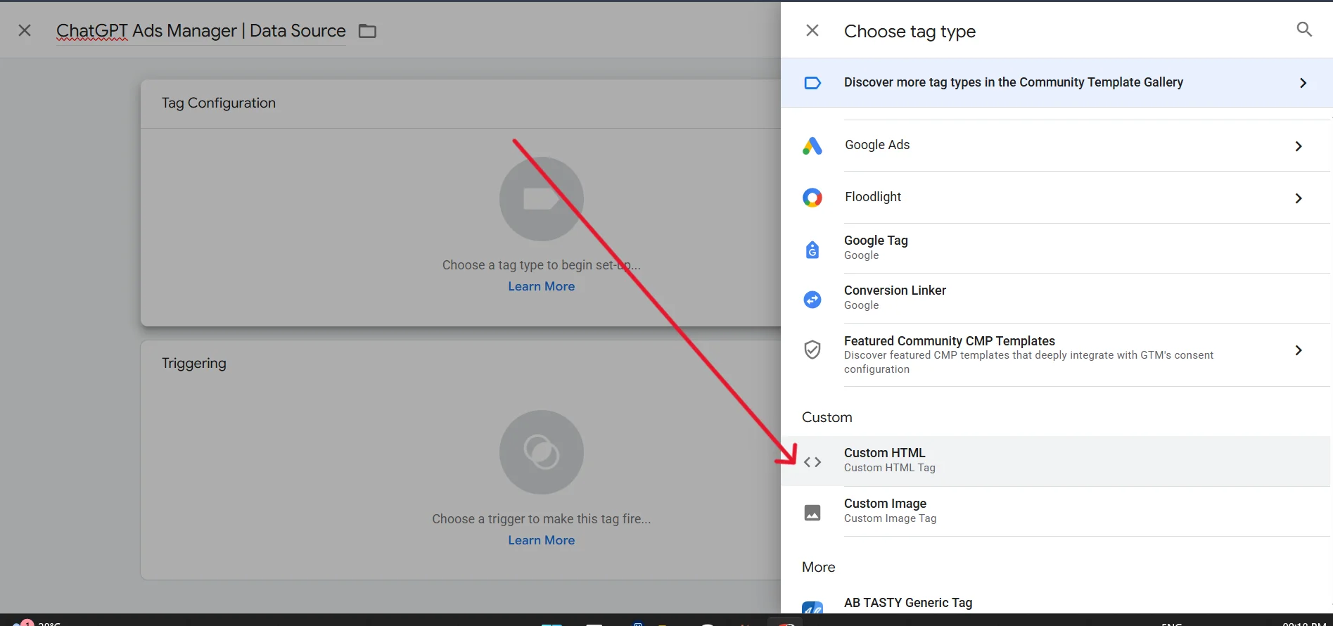 The Choose tag type panel in Google Tag Manager, listing Google Ads, Floodlight, Google Tag and Conversion Linker above a Custom section, with Custom HTML highlighted and marked by a red arrow.
