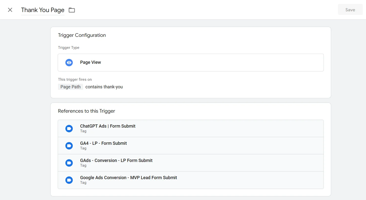 The Thank You Page trigger in Google Tag Manager with its References to this Trigger panel open, listing four tags that share it: ChatGPT Ads Form Submit, GA4 LP Form Submit, and two Google Ads conversion tags.
