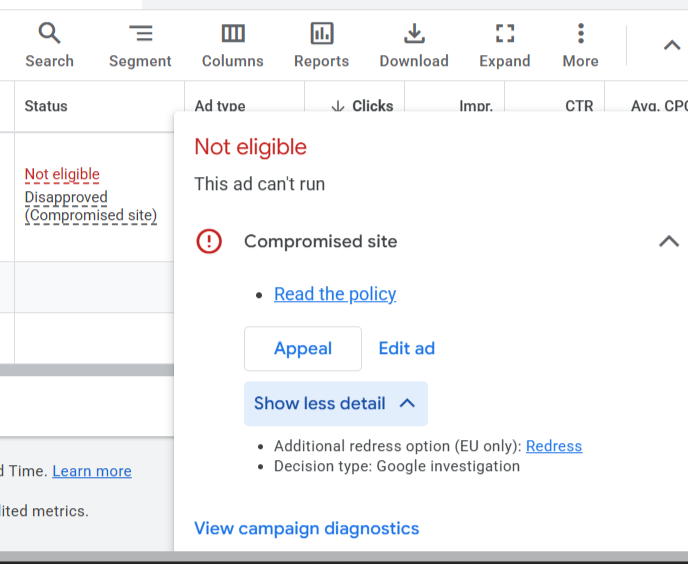 A Google Ads status panel reading 'Not eligible' and 'Compromised site', with the campaign disapproved.