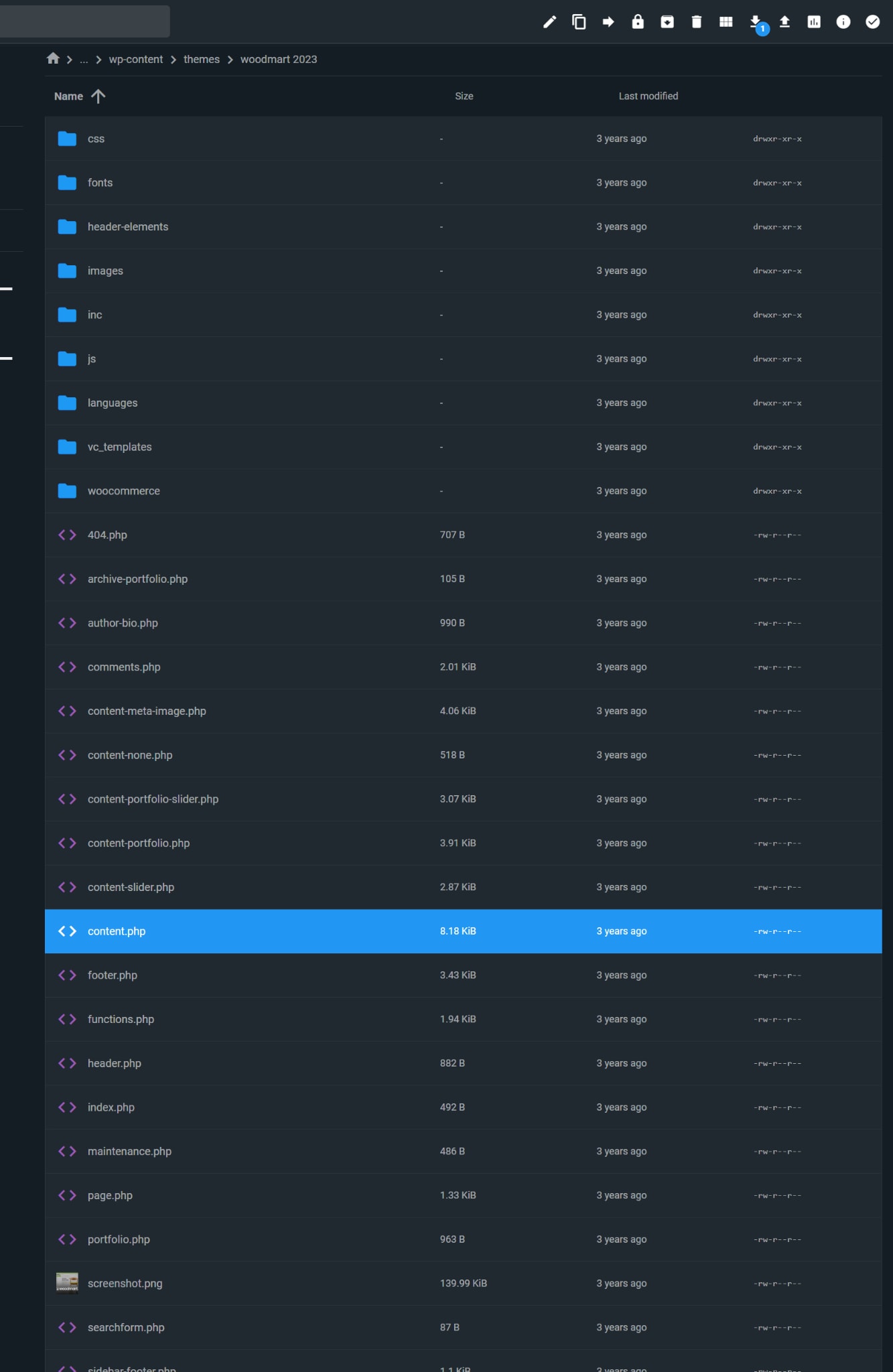 A file manager listing of the active WordPress theme folder (woodmart 2023), every file dated roughly three years ago.