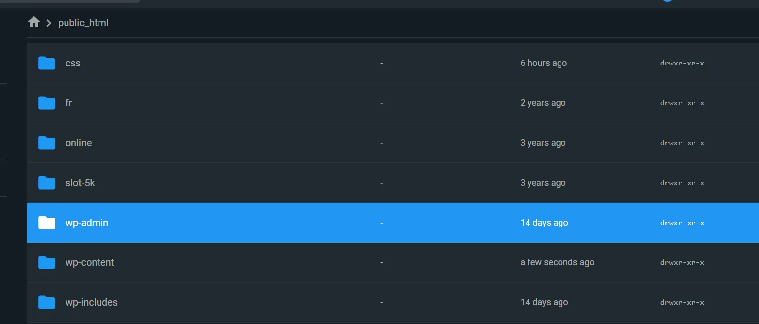 A hosting file manager showing the web root with folders named css, fr, online and slot-5k sitting alongside the real WordPress directories.