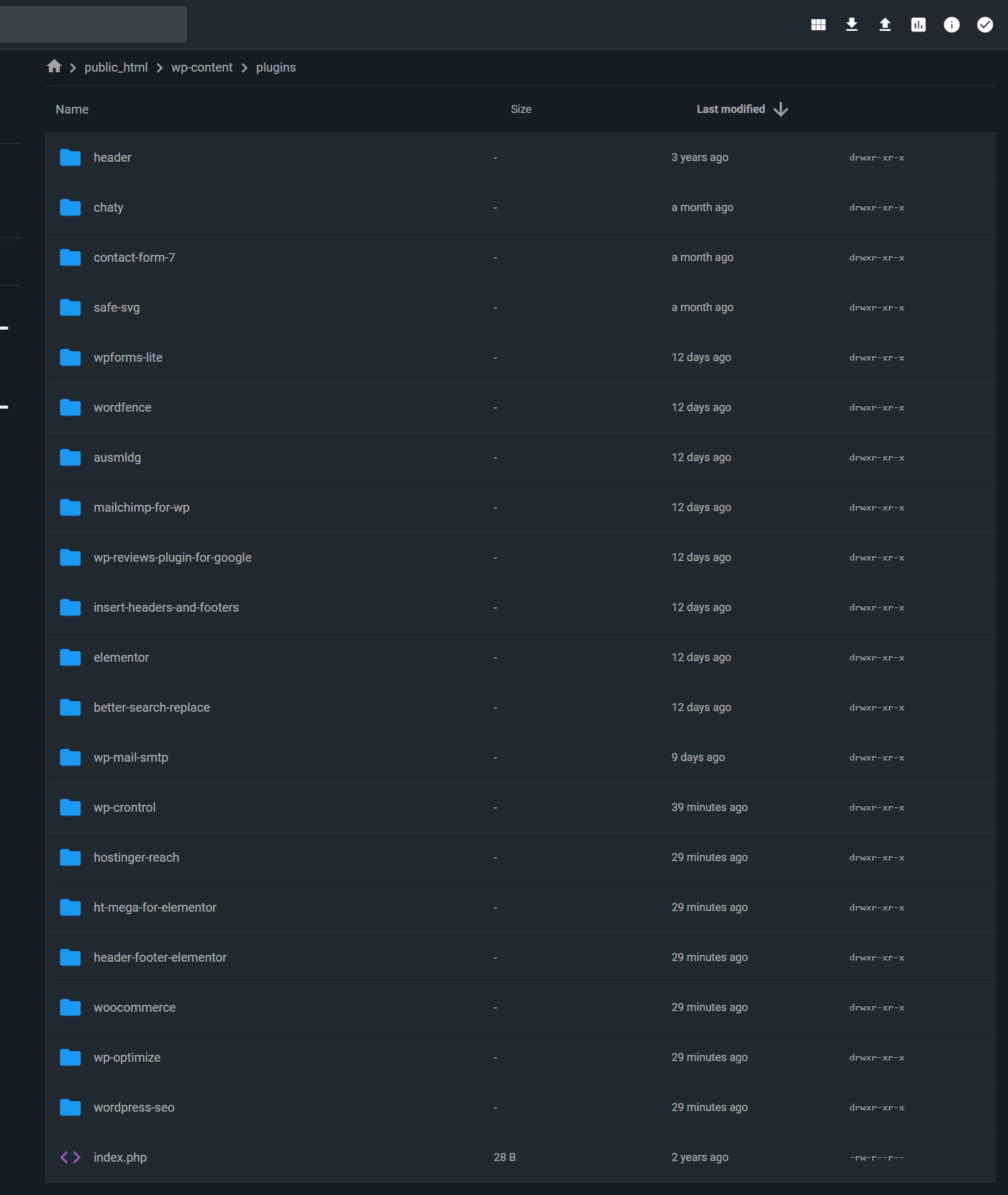 A file manager view of the wp-content/plugins directory, with one folder that matches no known plugin sitting among the legitimate ones.