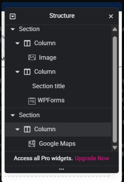 Elementor's Structure panel showing a clean page tree for the Contact Us page, image, section title, form and Google Maps, with no sign of the hidden block.