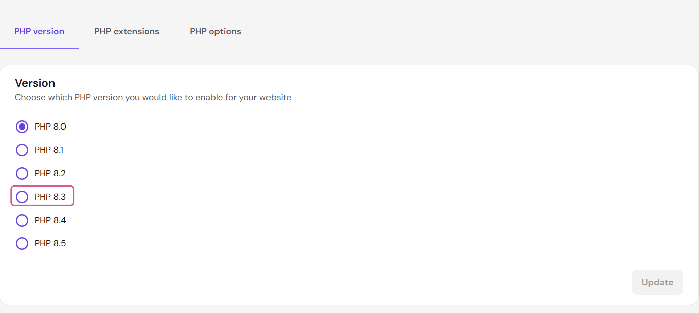 A hosting control panel showing the site's PHP version being upgraded from 8.0 to 8.3.