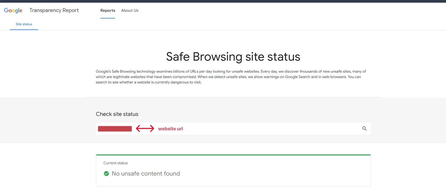 Google's Safe Browsing site status report showing 'No unsafe content found' for the checked site.