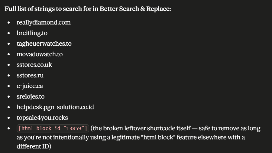 The Better Search Replace plugin showing a search across 112 database tables for a spam phrase, returning zero matches.