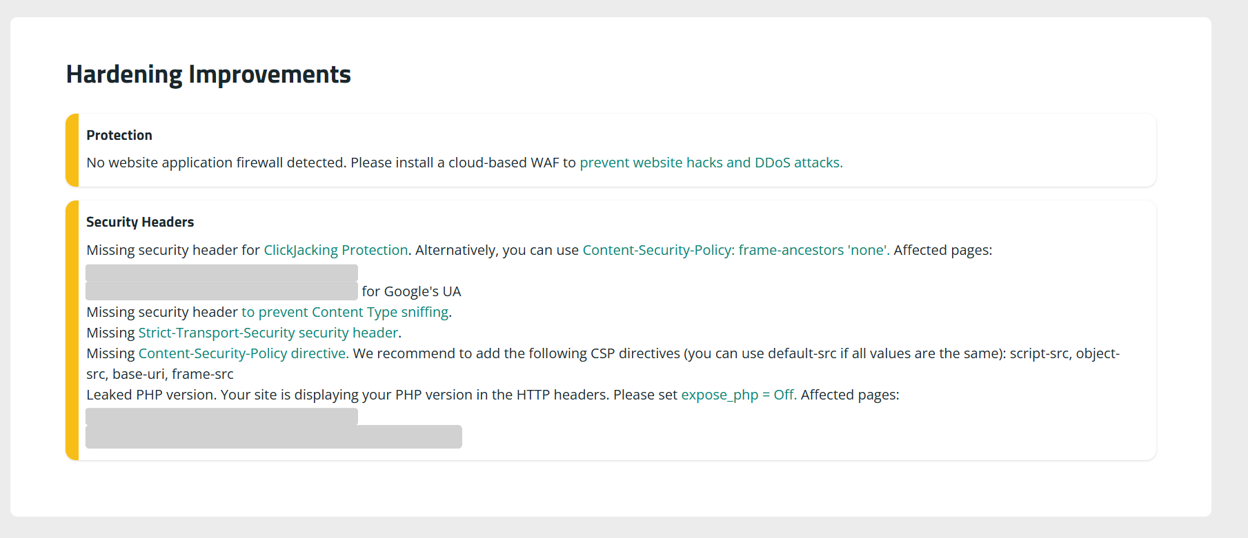 A list of HTTP security headers recommended by Sucuri, including X-Frame-Options, X-Content-Type-Options, Strict-Transport-Security and Content-Security-Policy.