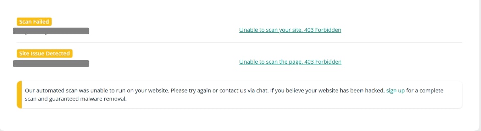 Two Sucuri SiteCheck results side by side: first a 403 Forbidden error, then a clean report once the block was cleared.