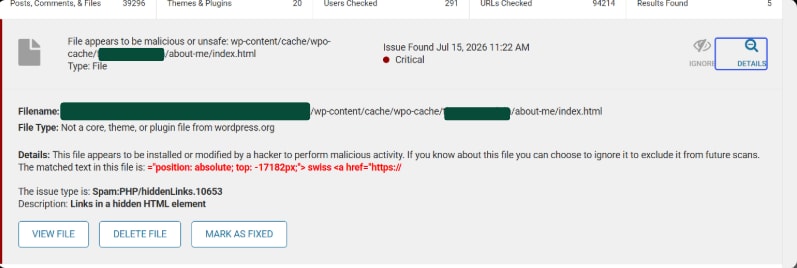 A Wordfence scan result flagging an infected file located inside a cache folder generated by a caching plugin.