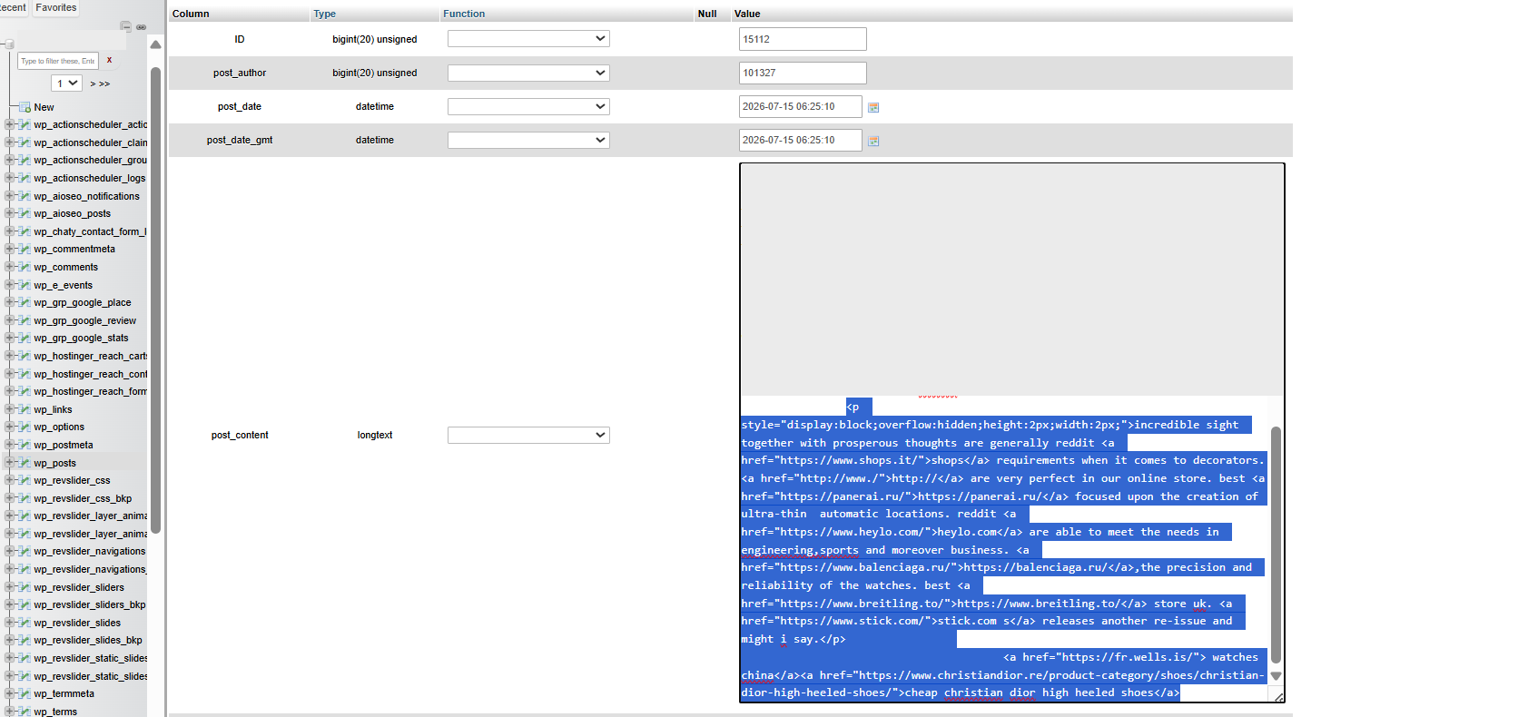 The raw wp_posts database row for the same page in phpMyAdmin, with the cloaked spam block highlighted immediately after the Maps embed.