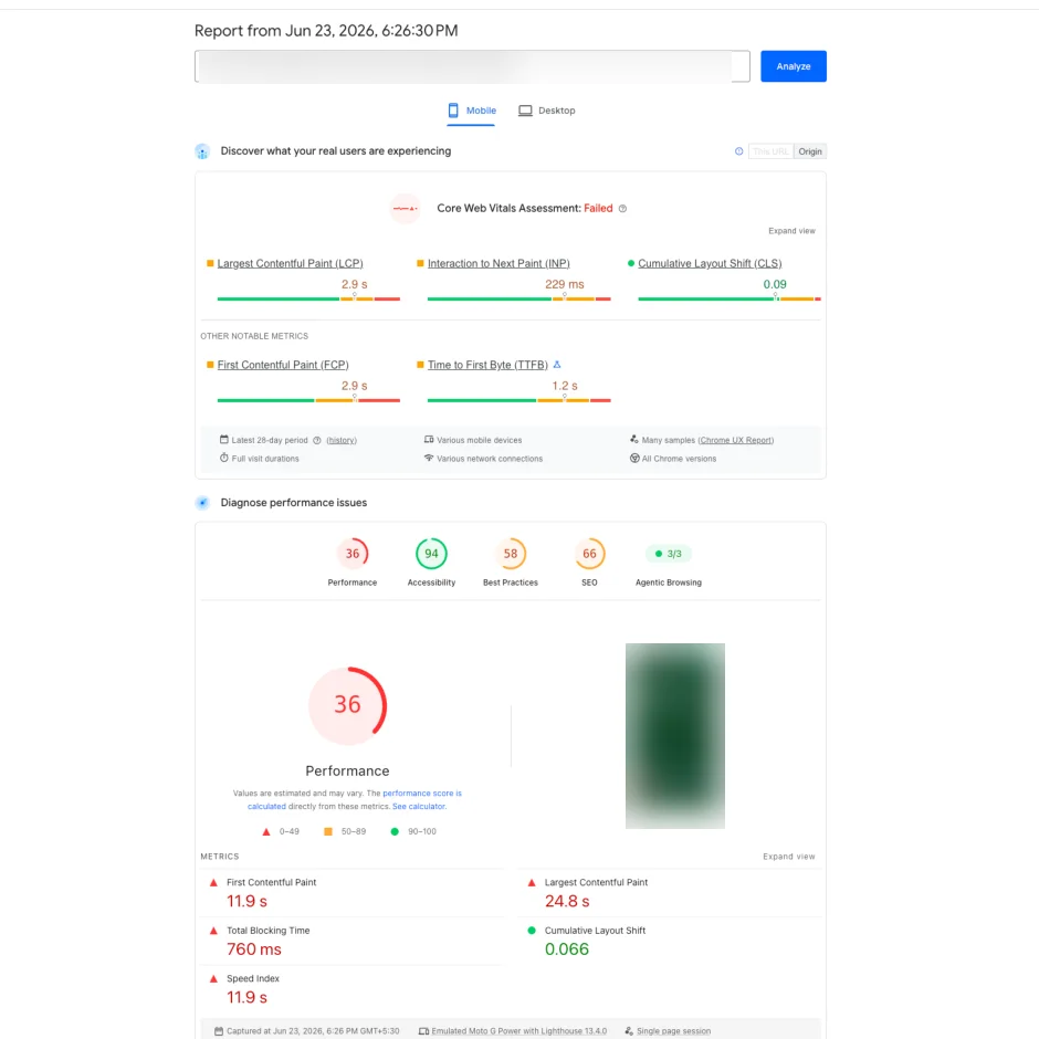 PageSpeed Insights, mobile: Core Web Vitals 'Failed,' Performance 36, Largest Contentful Paint 24.8s