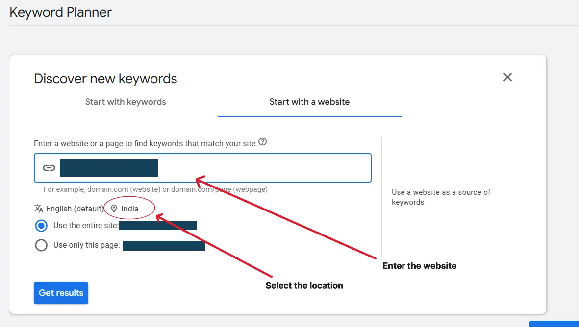 Google Keyword Planner 'Start with a website' input with a company URL entered, pulling keyword ideas with average monthly searches and cost-per-click estimates.