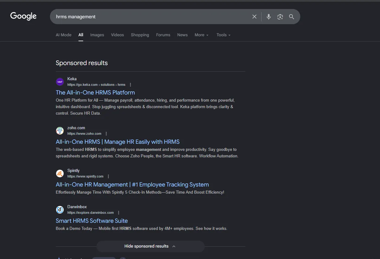 Another Google search results page for an HR software query, with competitor ads and their headlines and descriptions visible.