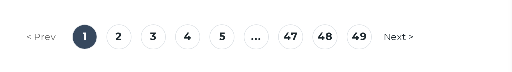 A pagination control strip showing Prev, numbered circles for pages 1 to 5, an ellipsis, pages 47 to 49, and Next, with page 1 selected.