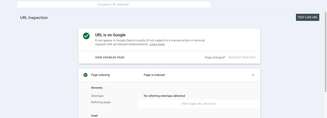 A Search Console URL Inspection result reading URL is on Google, with the Page indexing panel expanded to show No referring sitemaps detected and a redacted filter page listed as the referring page.