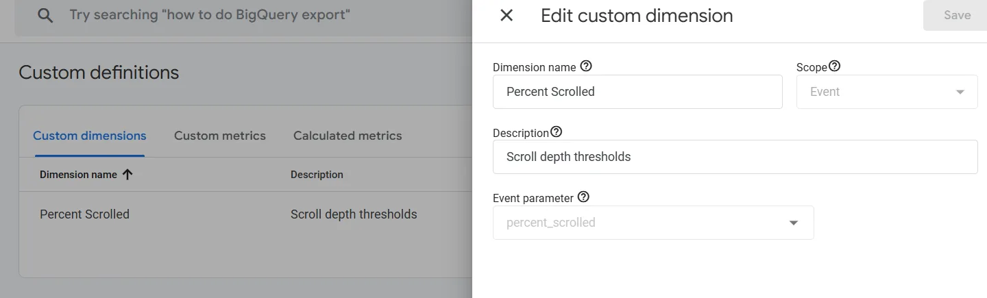 GA4 Custom Dimensions panel with a Percent Scrolled dimension configured against the percent_scrolled event parameter at Event scope.