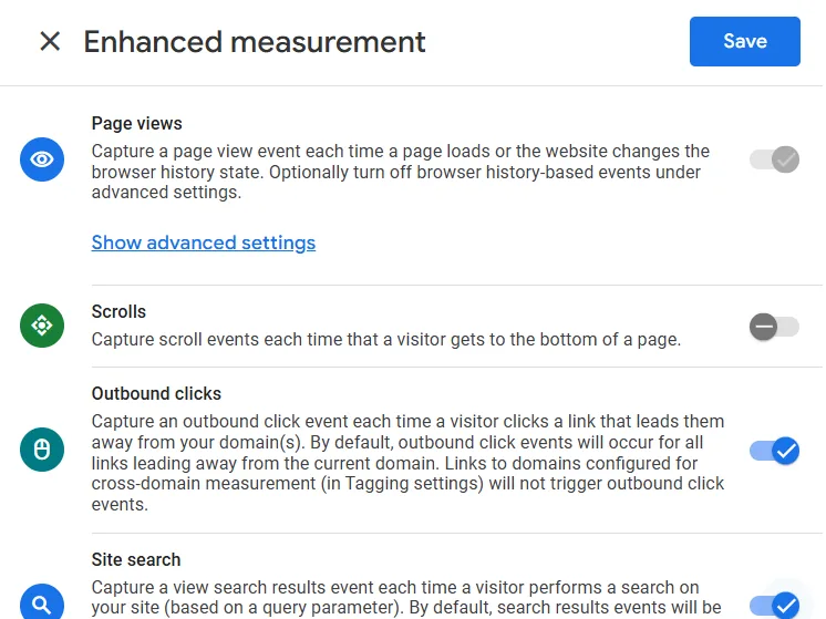 GA4 Enhanced Measurement panel with the Scrolls toggle turned off so the built-in scroll event no longer fires.