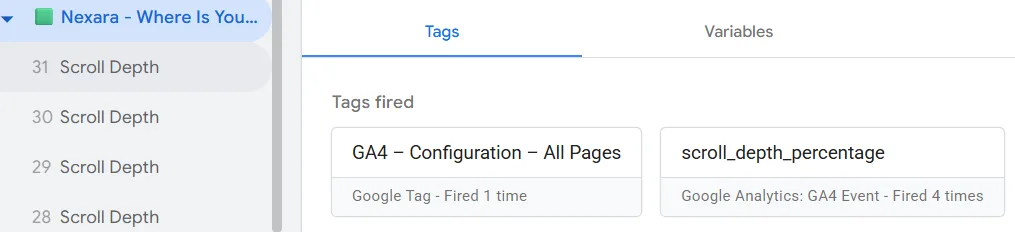 GTM Tag Assistant showing a series of Scroll Depth events in the left column, with the GA4 scroll tag listed under Tags Fired.
