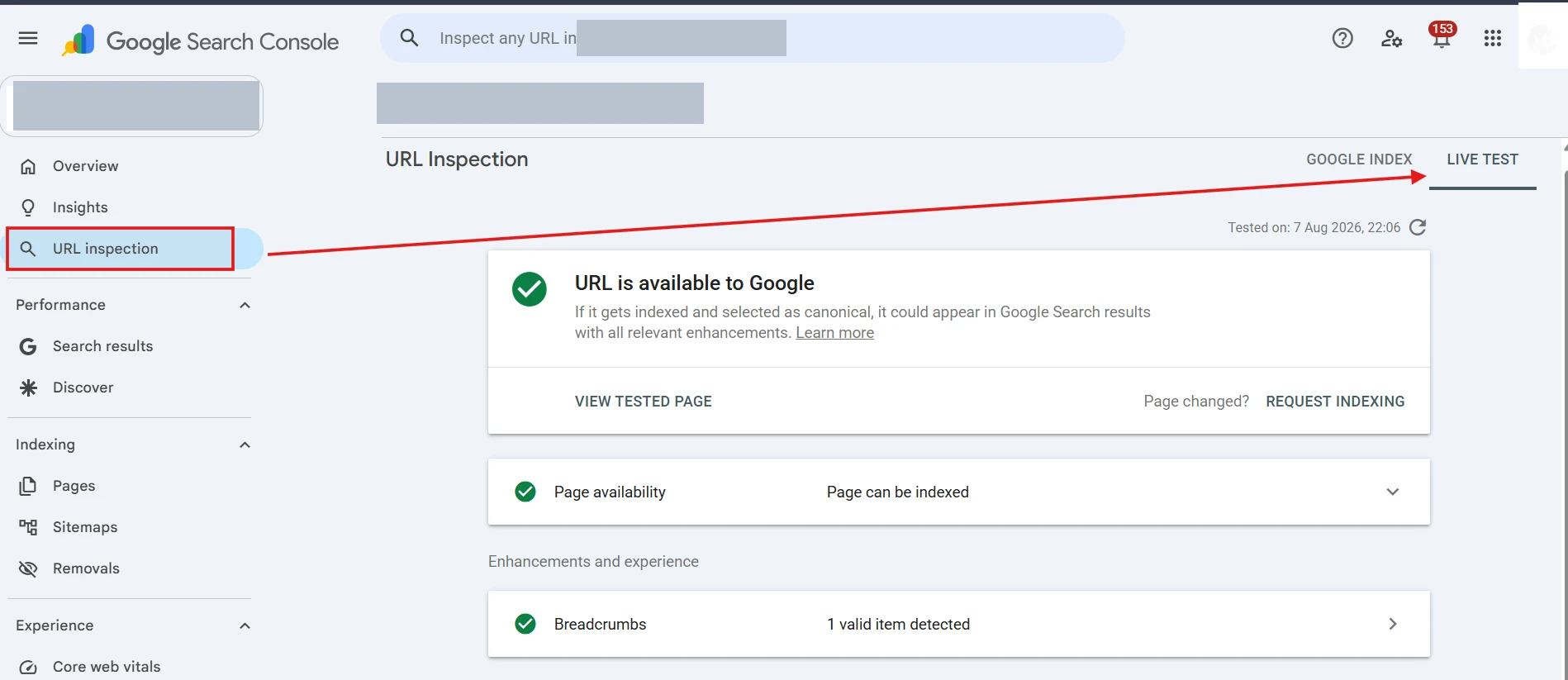 Google Search Console's URL Inspection tool with the Live Test tab selected, reporting that the URL is available to Google, with a View Tested Page link and the inspected domain redacted.