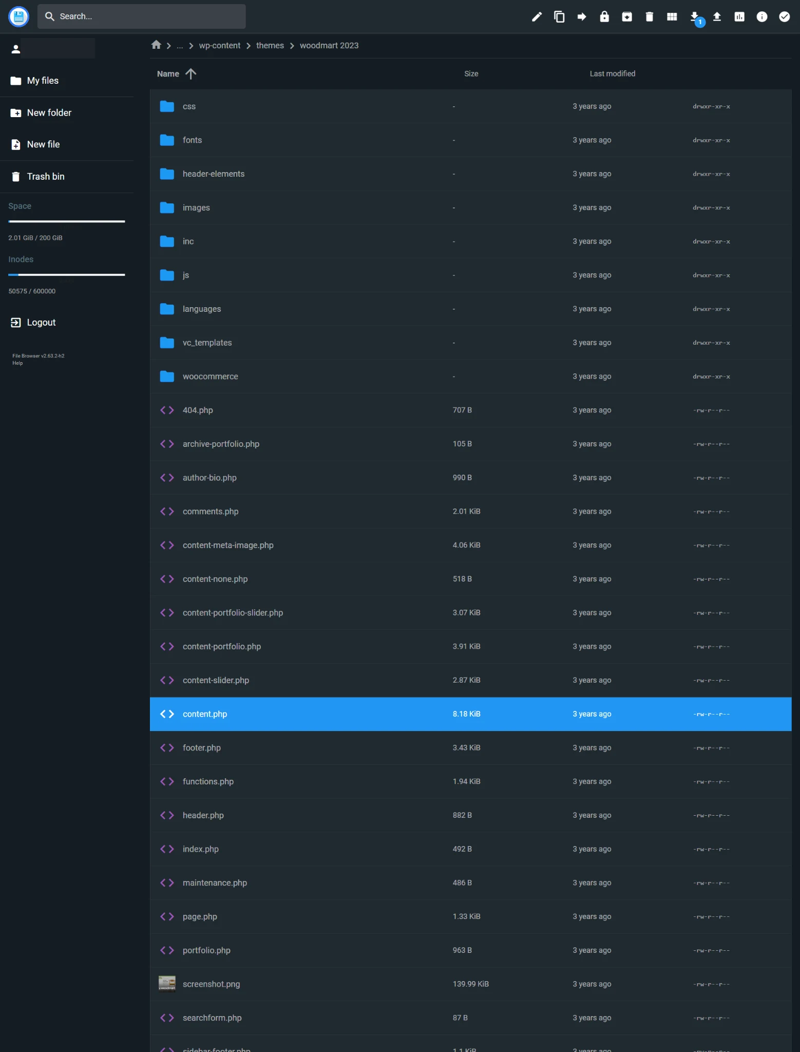 A hosting file manager showing the active WordPress theme's folder, listing template files such as functions.php, header.php and index.php alongside a Last modified column where every entry reads three years ago.