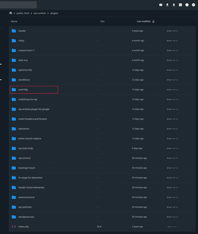 A hosting file manager listing the wp-content/plugins folder, with one folder named ausmldg outlined in red because it does not correspond to any plugin installed on the site.