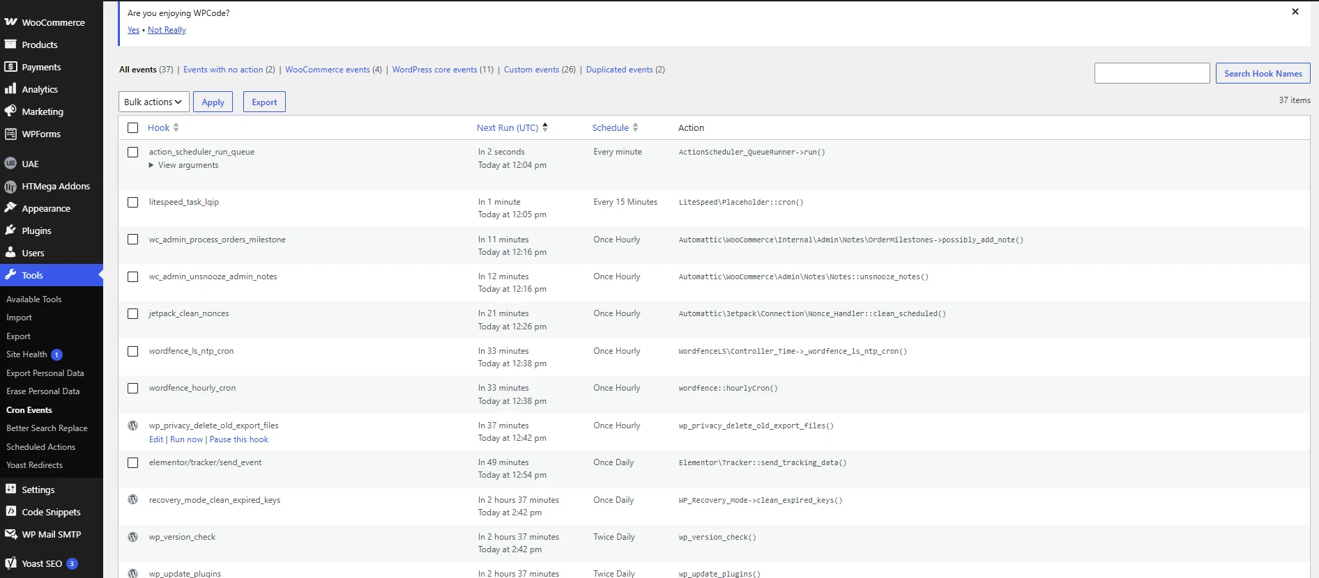 The WP Crontrol plugin's Cron Events screen under WordPress Tools, listing 37 scheduled hooks with the next run time, the schedule interval, and the function each hook calls.